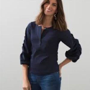 Chico's NWT Classic Navy MIX MEDIA cotton Blouse top statement touched sleeves L